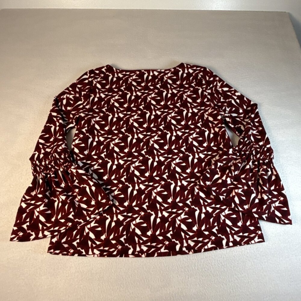 Ann Taylor Burgundy Floral Stretch Top‎ Long Smocked Bell Sleeves Med - Picture 7 of 9